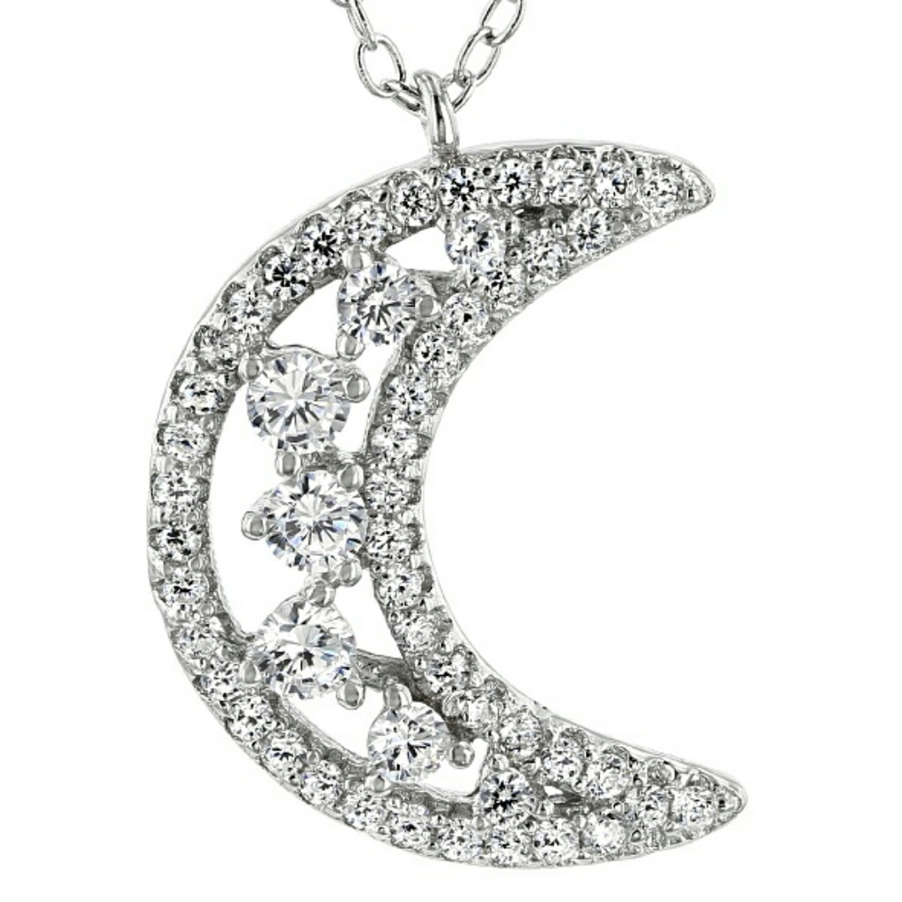 925 Sterling Silver AAA Diamond Simulant Celestial Moon Pendant